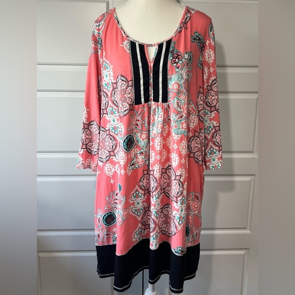 Ellen Tracy Floral Print Tunic Dress Keyhole Neckline 3/4 Sleeve Casual XL - Picture 1 of 8